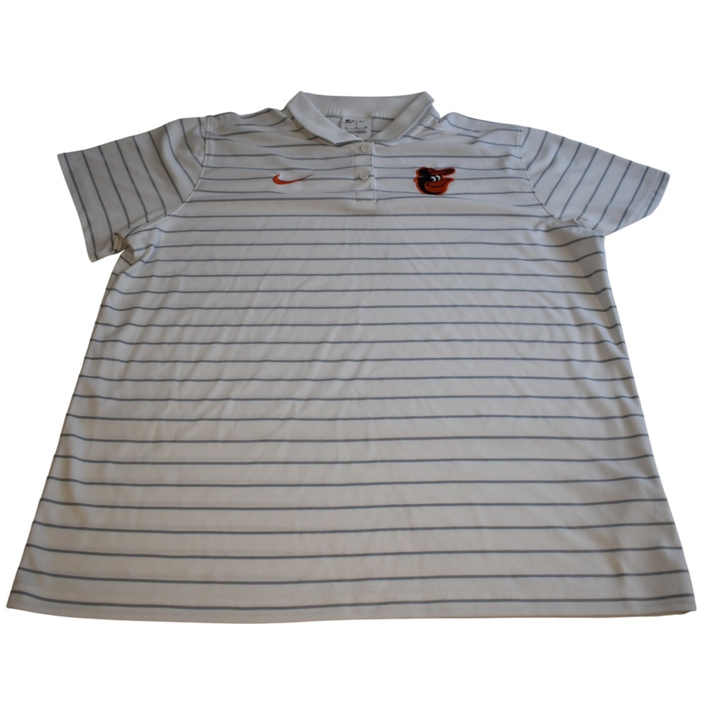 Nike Polo Shirt Mens XL White Striped Excellent Baltimore Orioles MLB Authentic